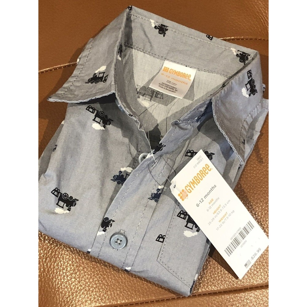 New Gymboree TRAIN Long Sleeve Button Shirt Baby Boys 6-12 Months Cotton Gray